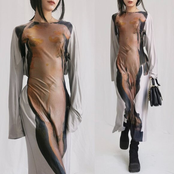 Ann demeulemeester beige kaftan knit maxi long sleeve belted dress - Picture 10 of 11